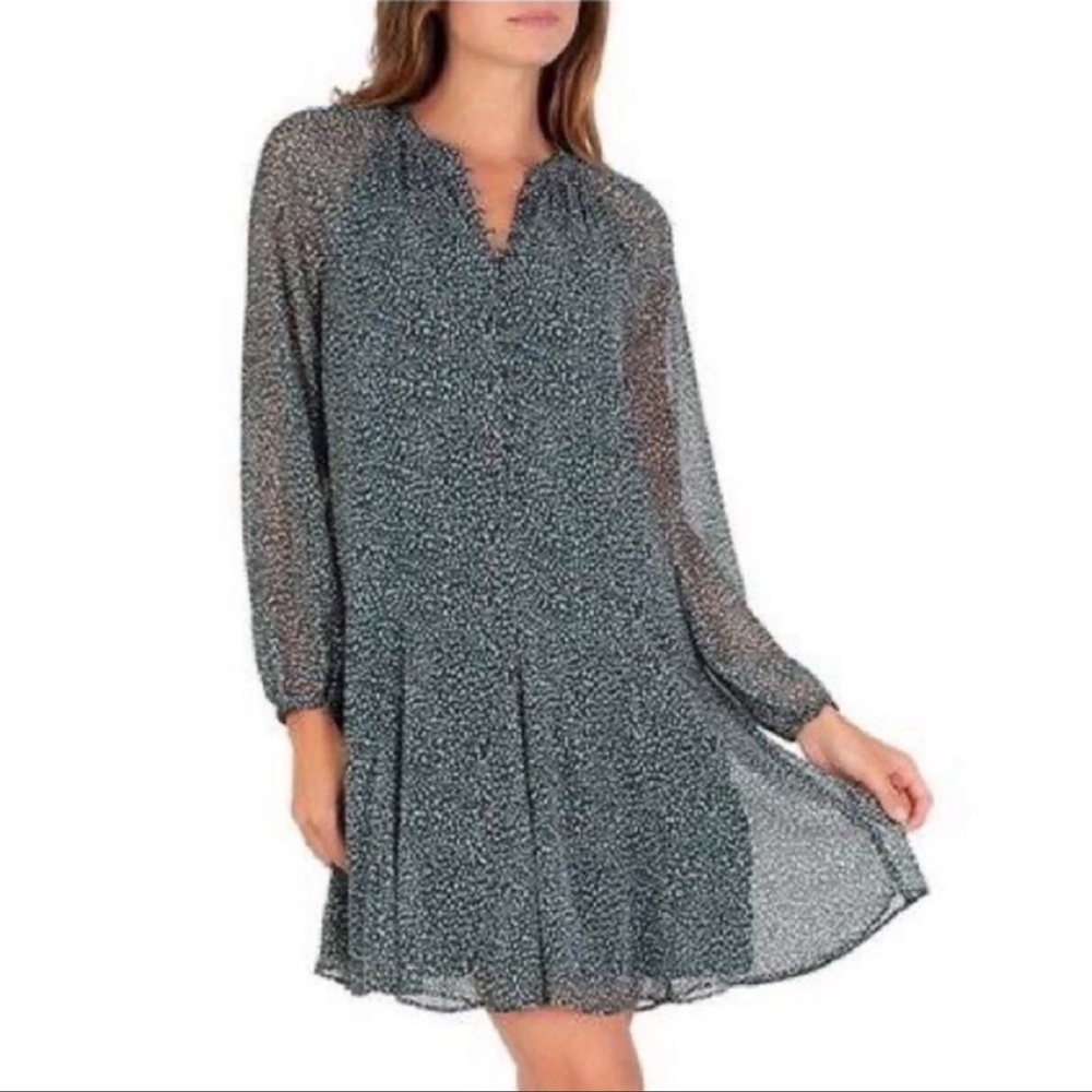 Joie Teal-Green Speckled Long-Sleeve Pleated Swing Dress
